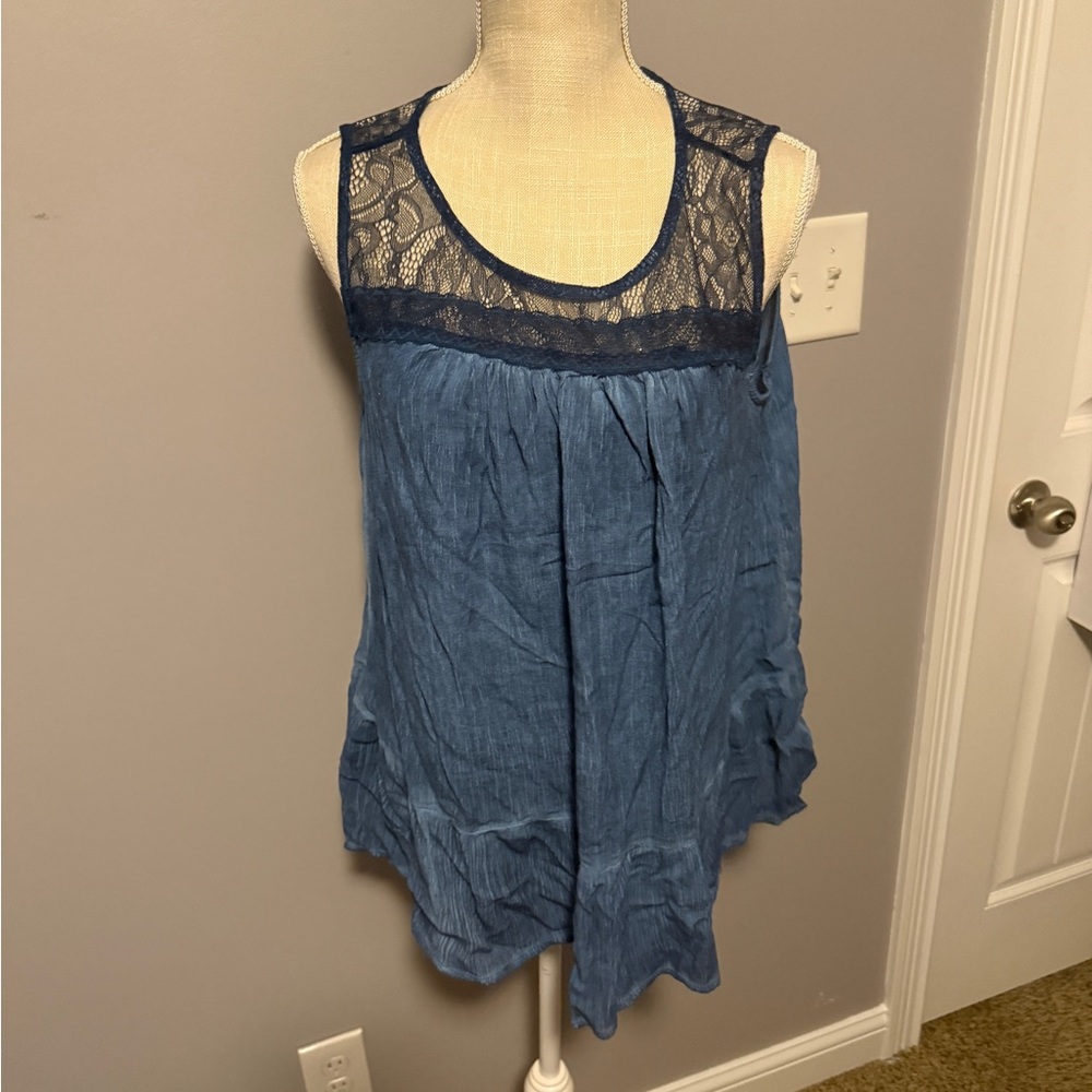 Blue Sleeveless Top with Lace Detail